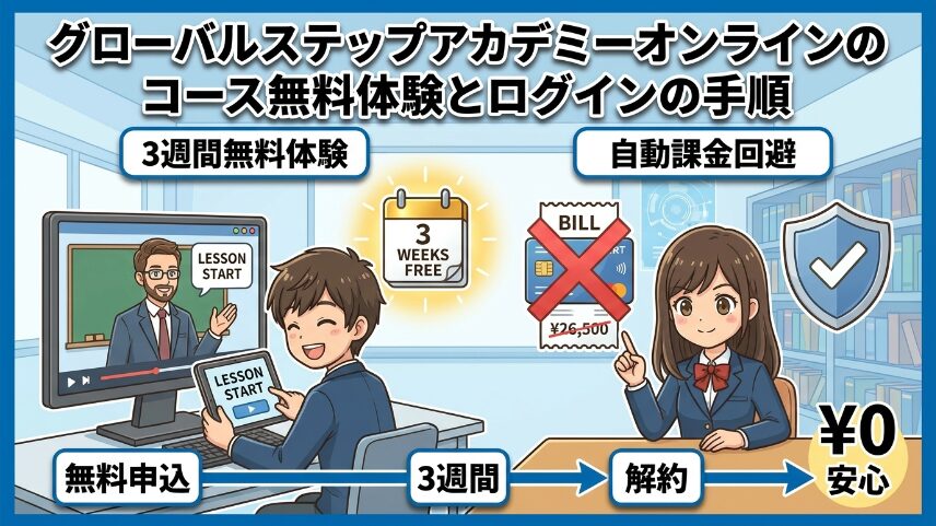 グローバルステップアカデミーのオンライン講座の無料体験とログイン手順