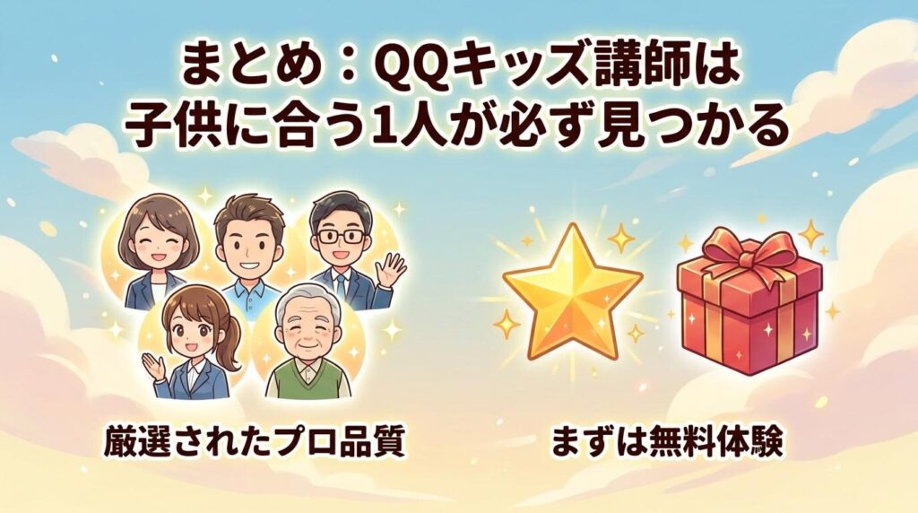 まとめ:QQキッズ講師は採用率5%とポイント制度で子供に合う1人が必ず見つかる
