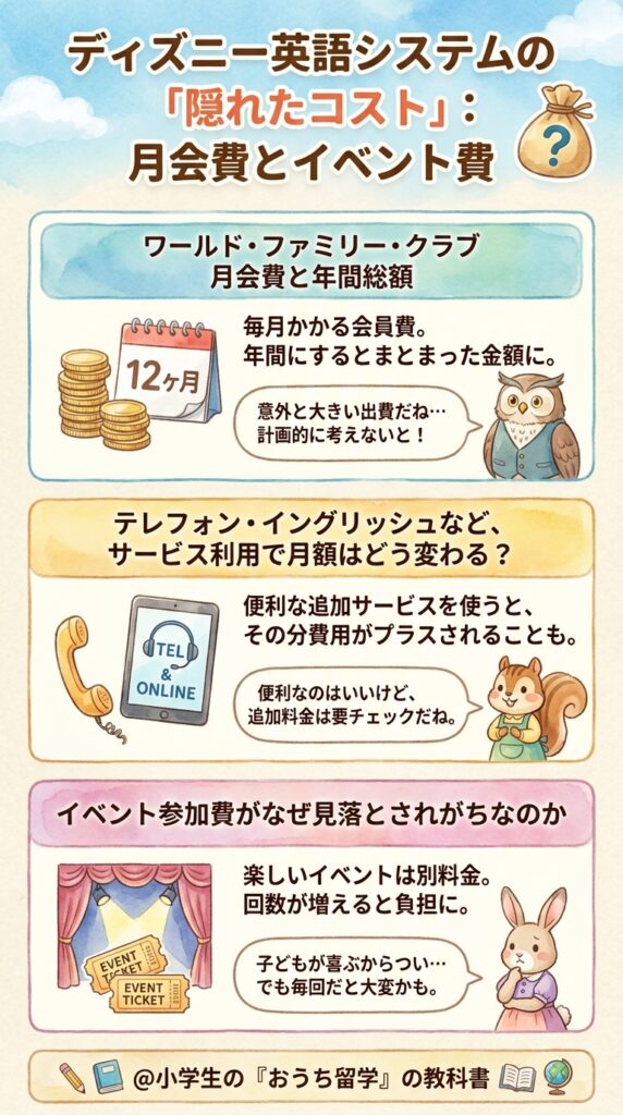 ディズニー英語システムの料金のうち月額会費とイベント費という見えにくい費用