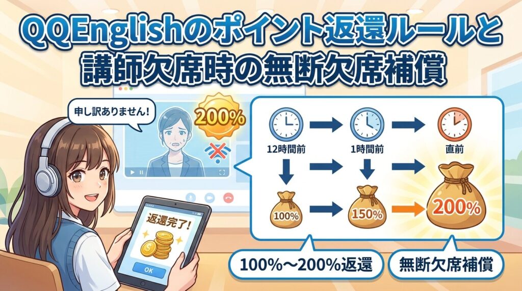 QQEnglishで先生が来ないときのポイント返還ルールと無断欠勤の補償