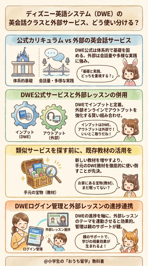 ディズニー英語システムの英会話教室と外部サービスはどう使い分ける?