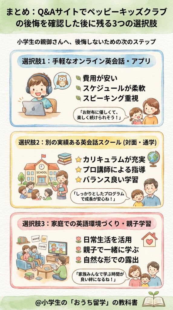 まとめ:ペッピーキッズクラブの後悔を知恵袋で確かめた先に残る3つの選択