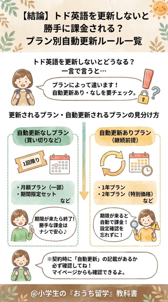 【結論】トド英語を更新しないと勝手に課金される？プラン別の自動更新ルール一覧