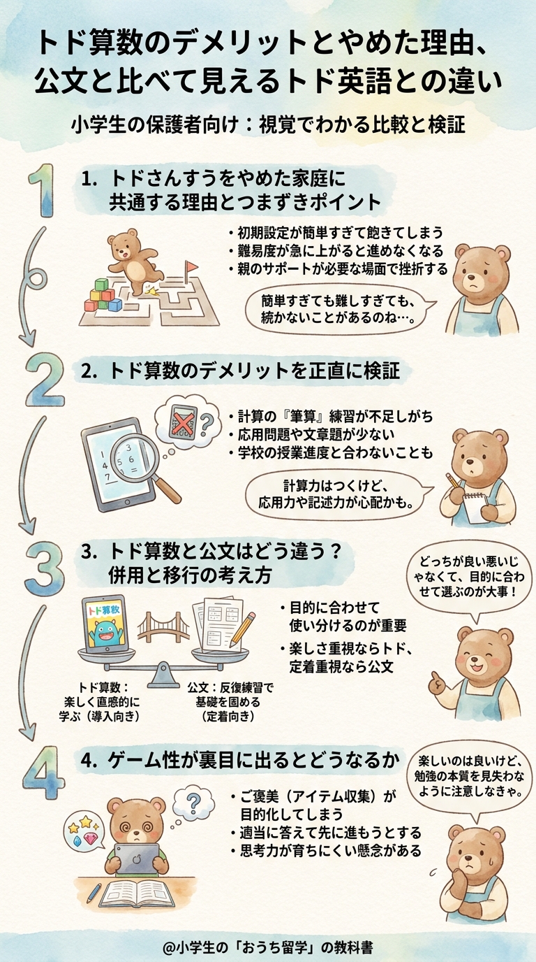 トド算数のデメリットとやめた理由、公文と比べて見えるトド英語との違い