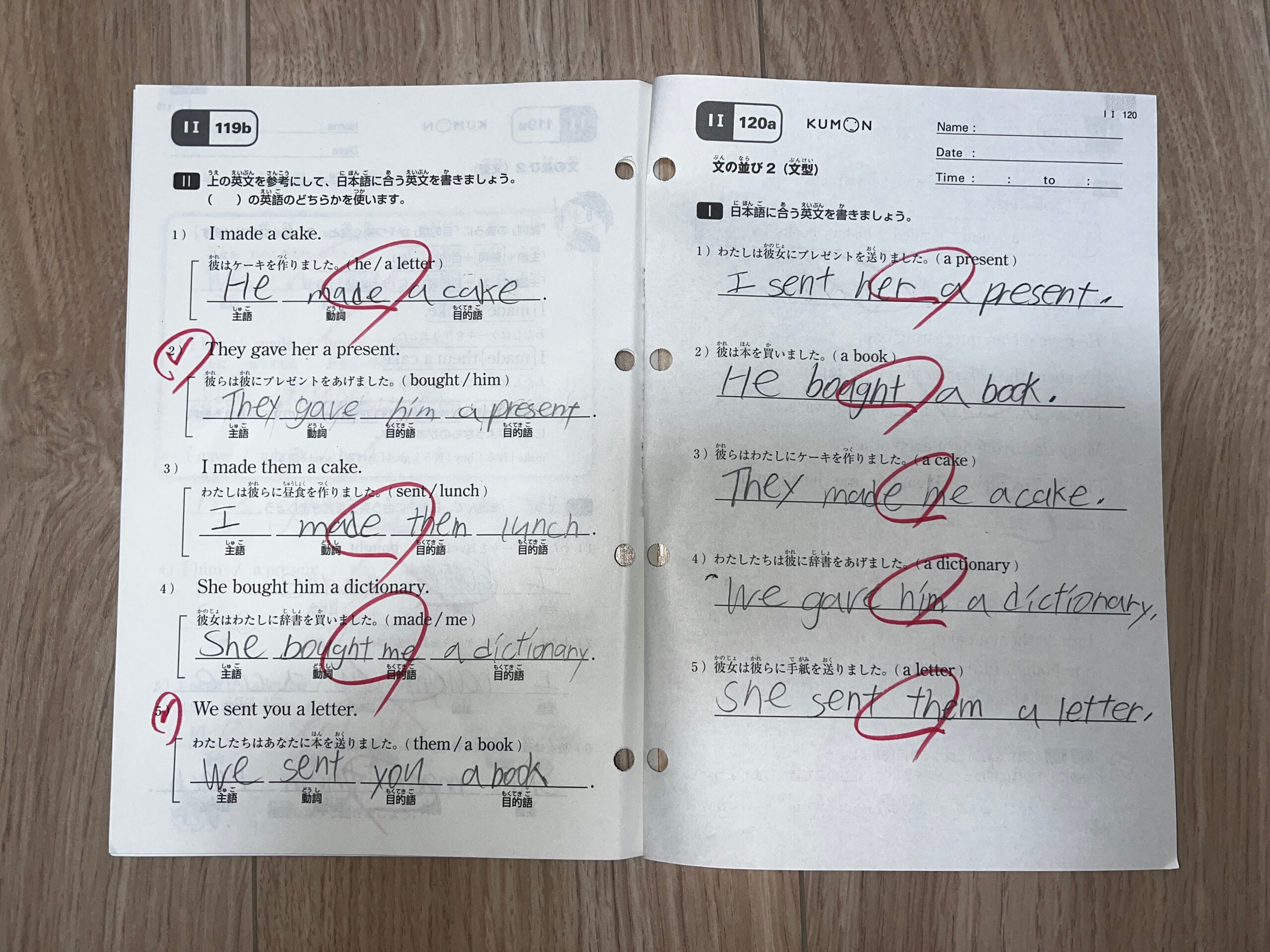 親が赤ペンで丸付けをした、わが家の英語の宿題(IⅠ教材)